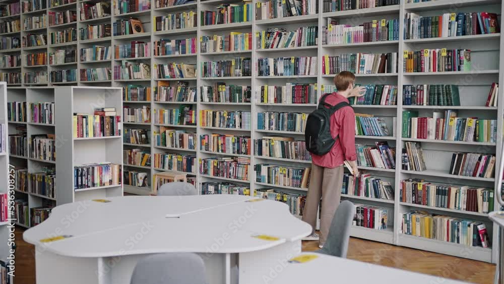 Redhead man comes to large rack to find necessary book Redhead man comes to large rack to find necessary book