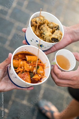 Spicy pasta and shrimp tempura photo