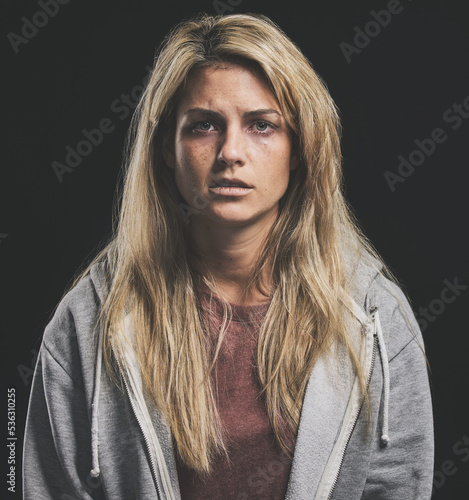 Portrait of woman with dark mental health, drugs addiction or depression over alcohol problem, life mistake or bad lifestyle. Anxiety, cocaine rehabilitation or sad depressed girl on black background