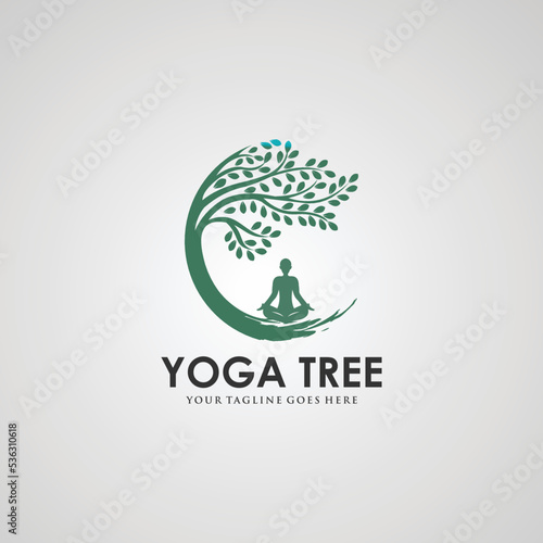 Tree yoga logo. Silhouette of a person in meditation in a round frame. The image of nature, the tree of life. Design of the emblem of the trunk, leaves, crown and roots of the tree.Yoga logo vector,