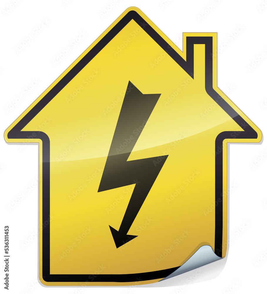 Sticker in the shape of a yellow house with the symbol of an electric lightning bolt indicating the risk of electrocution in the home (metal reflection) Sticker in the shape of a yellow house with the symbol of an electric lightning bolt indicating the risk of electrocution in the home (metal reflection)
