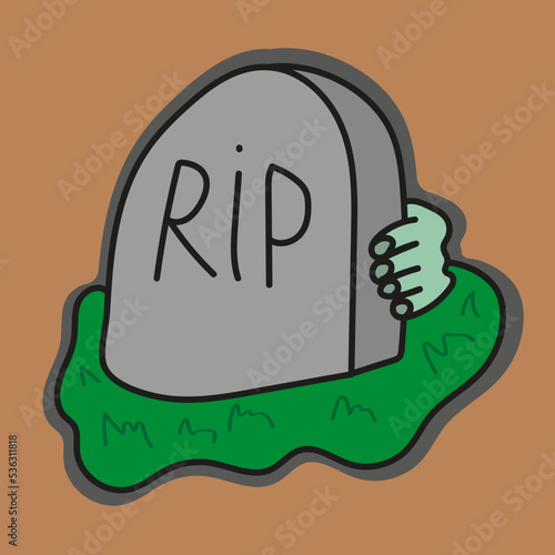 A Halloween sticker with the image of a grave with the inscription R.I.P. and the hand of a zombie getting out of the grave