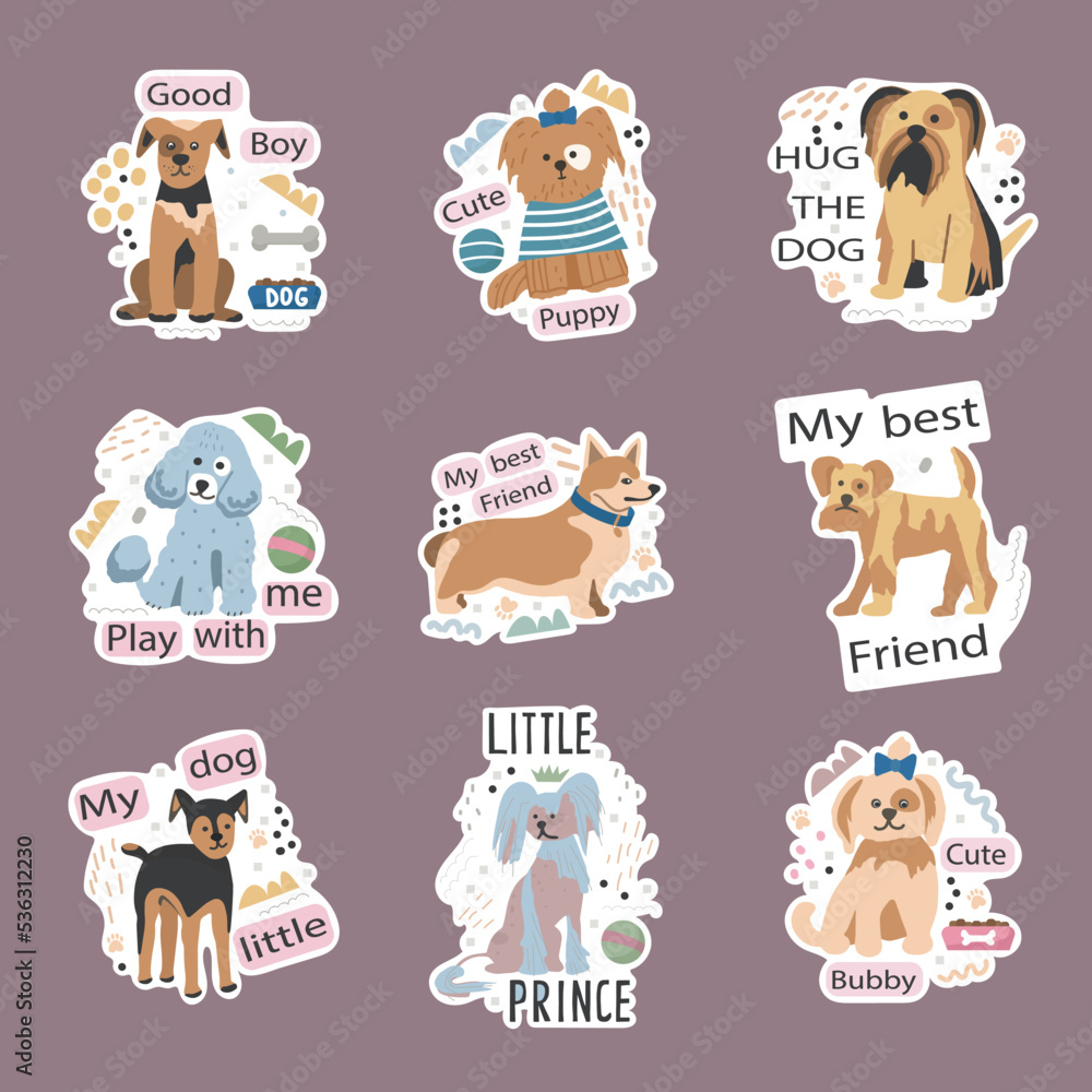 Set of funny stickers with a pet dog. Emblem with cute animal with motivational quote. Vector illustration.