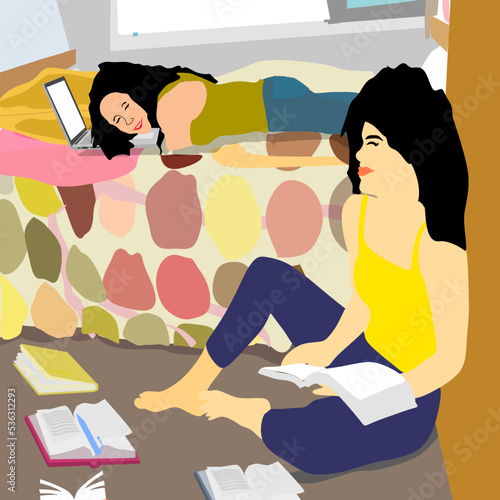 Young female teenage students living together in college dormitory room, reading books or discussing about the project, hostel concept.