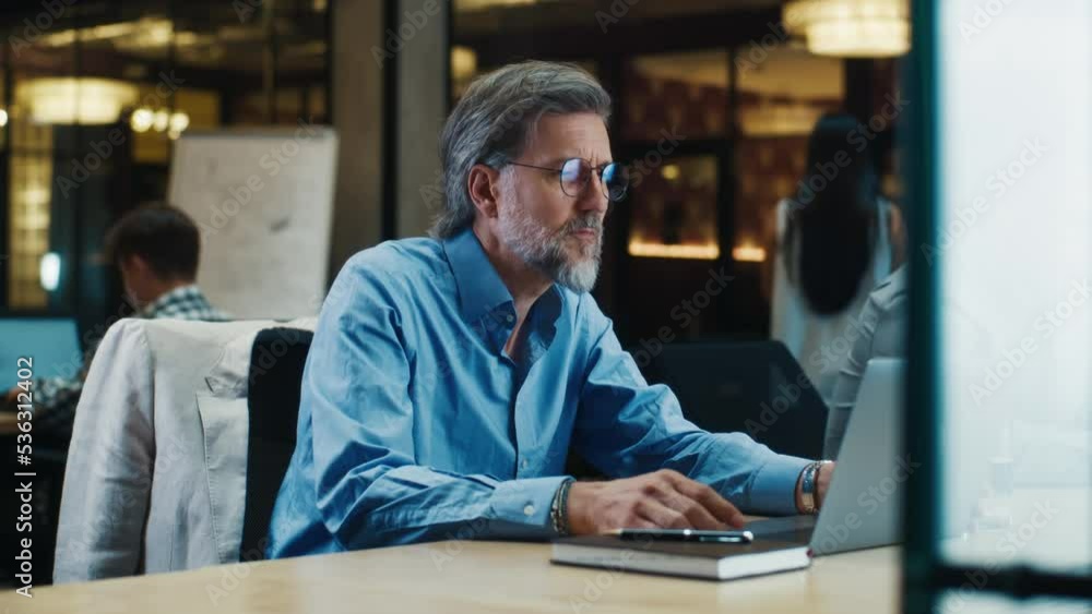 Mature businessman working on startup project, business strategy, data analysis in modern office using laptop. Worker of e-commerce marketing company Mature businessman working on startup project, business strategy, data analysis in modern office using laptop. Worker of e-commerce marketing company