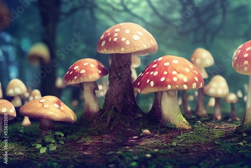 Mushrooms grow in a forest. Wonderful fantasy illustration.