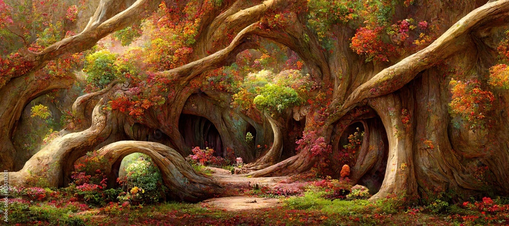 Naklejka premium Enchanted magic kingdom forest, majestic ancient old oak trees towering high over the mystical woodland glade in warm autumn colors. Dreamy surreal fairytale fantasy art illustration.