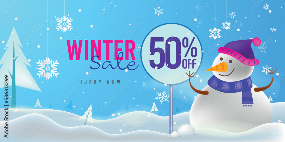 Winter sale banner template Snowman with offer sign board in snow background Winter sale banner template Snowman with offer sign board in snow background