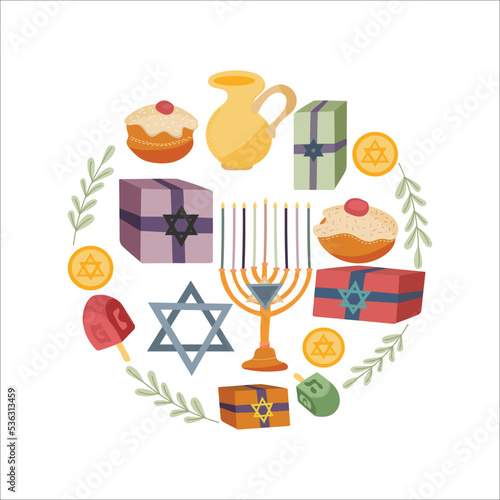 Square greeting card or postcard template with Happy Hanukkah lettering and holiday symbols and attributes - menorah, sufganiyah doughnuts, olive branch. Vector illustration