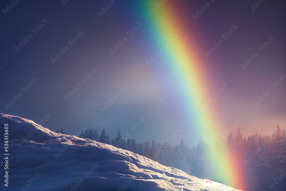 Winter landscape, snowy forest and rainbow in the foreground. 3D render Winter landscape, snowy forest and rainbow in the foreground. 3D render