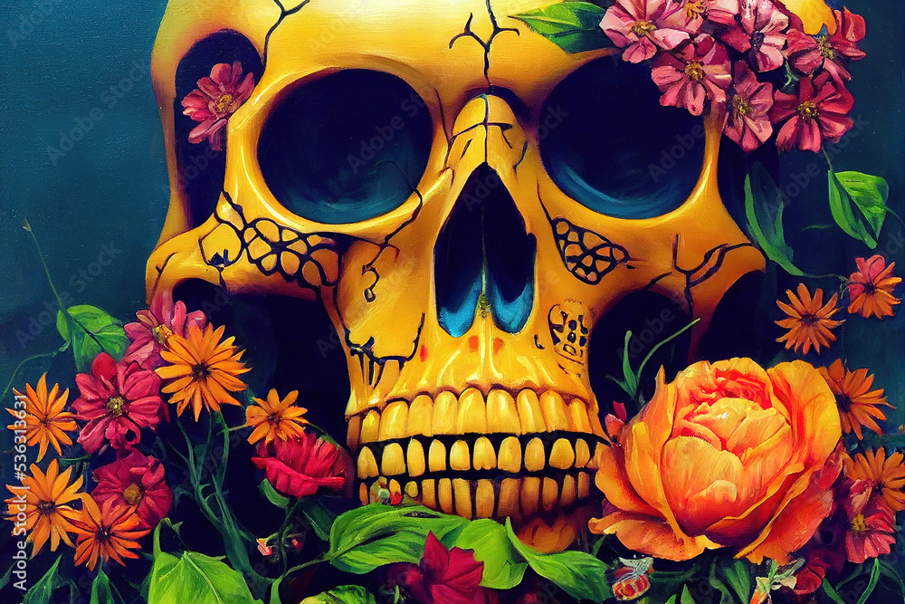 Φωτογραφία Calavera, Mexican sugar skull makeup and flowers for dia de los Muertos (Day of the Dead)