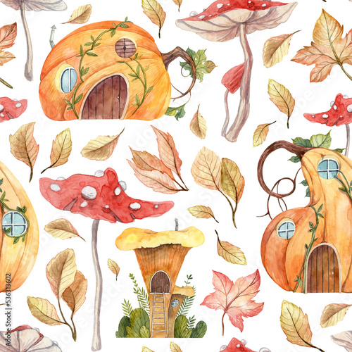 Square seamless pattern with cute autumn mushroom houses and pumpkins with withered leaves. Watercolor hand painted wallpaper and wrapping paper design