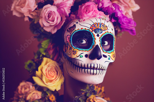 Calavera, Mexican sugar skull makeup and flowers for dia de los Muertos (Day of the Dead). 3D render 
