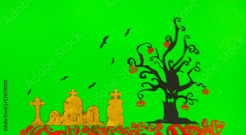 Halloween Tree with Orange Pumpkins on the green screen background.