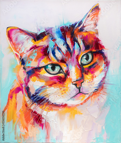 Oil cat portrait painting in multicolored tones. Conceptual abstract painting. Closeup painting oil and palette knife on canvas. © Mari Dein