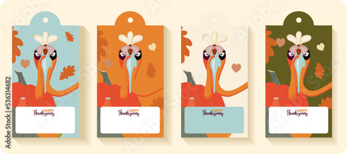 Fototapeta Naklejka Na Ścianę i Meble -  Happy Thanksgiving autumn set. Vector illustration. Thanksgiving digital painting, cute turkey gift tags, cards. Festive background with funny turkeys