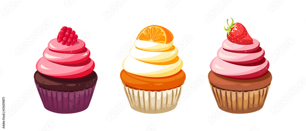 A set of cupcakes.Raspberry, orange, strawberry cupcake.Design elements, menus, advertisements.Vector illustration of sweet pastries. A set of cupcakes.Raspberry, orange, strawberry cupcake.Design elements, menus, advertisements.Vector illustration of sweet pastries.