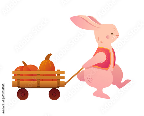 Rabbit is carrying pumpkin in a cart isolated. Cute bunny with harvest. Thanksgiving day. Autumn Character. Seasonal vector illustration in carton style.