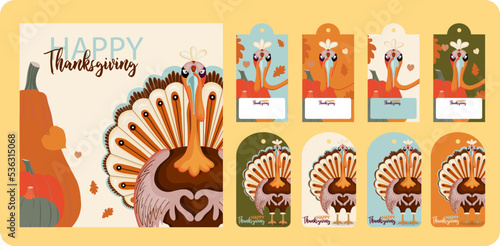 Happy Thanksgiving autumn set. Vector illustration. Thanksgiving digital painting, cute turkey gift tags, cards. Festive background with funny turkeys