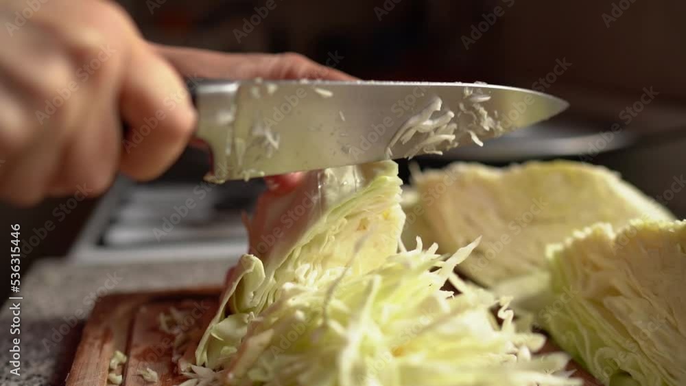 Female Hands Finely Chopping Fresh Cabbage For Sauerkraut Recipe In The Kitchen. close up Female Hands Finely Chopping Fresh Cabbage For Sauerkraut Recipe In The Kitchen. close up