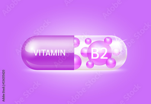 Capsule vitamin B2 structure purple and white It's transparent and vitamin pill is on inside. Beauty concept. Personal care. 3D Vector Illustration. transparent capsule pill. Drug business concept.