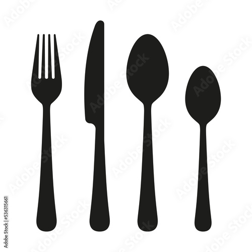 Knife, fork, spoon silhouette icons. Cutlery symbols. Simple flat vector icon.