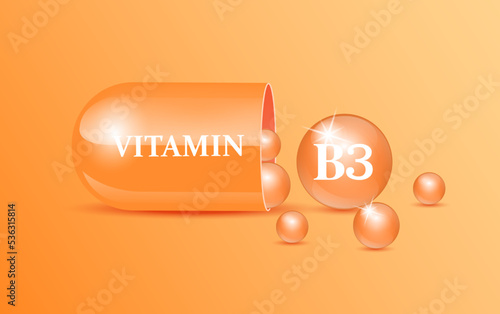 Capsule vitamin B3 structure orange and white with circular bubbles flowing out oran background. Beauty concept. Personal care. 3D Vector Illustration. transparent capsule pill. Drug business concept.
