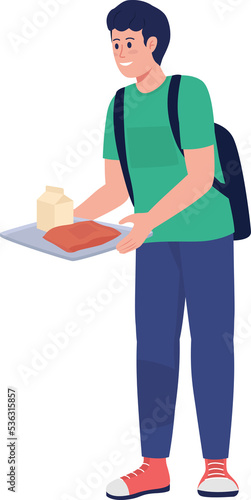 Pupil with lunch on tray semi flat color raster character. Posing figure. Full body person on white. School dinner isolated modern cartoon style illustration for graphic design and animation