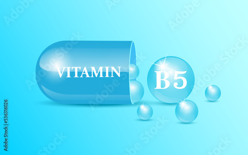Capsule vitamin B5 structure blue and white with circular bubbles flowing out blue background. Beauty concept. Personal care. 3D Vector Illustration. transparent capsule pill. Drug business concept.