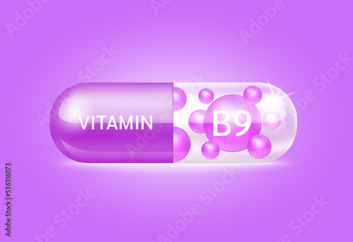 Capsule vitamin B9 structure purple and white It's transparent and vitamin pill is on inside. Beauty concept. Personal care. 3D Vector Illustration. transparent capsule pill. Drug business concept.