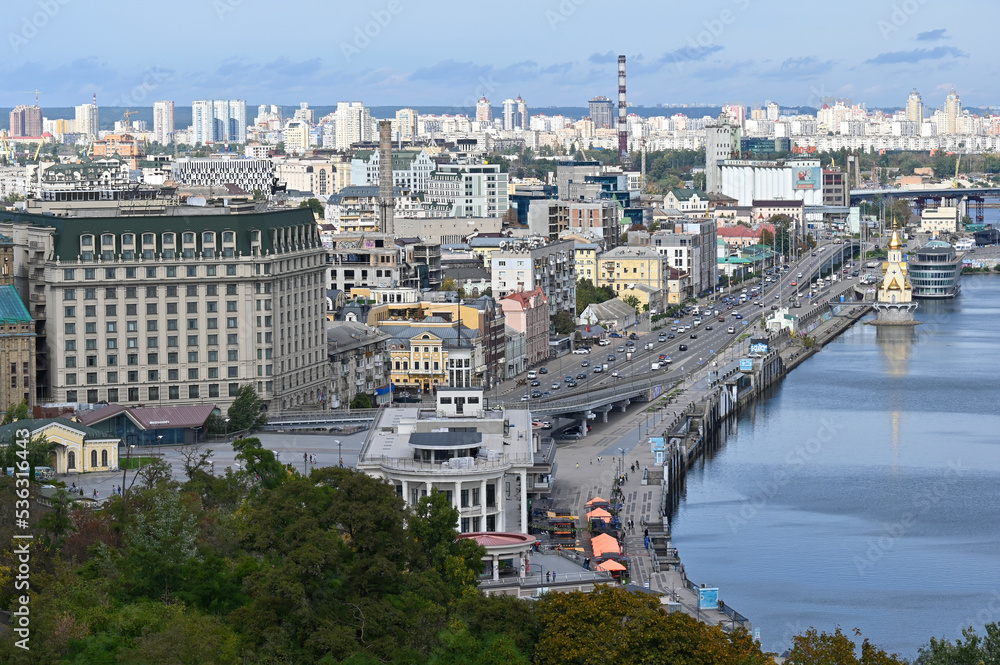Top view of the river station and the Dnieper river in the city of Kyiv 