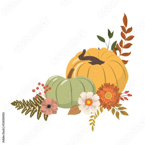 Cartoon Thanksgiving pumpkins, flowers and forest leaves corner frame arrangement. Isolated on white background. Seasonal harvest design for greeting or poster.