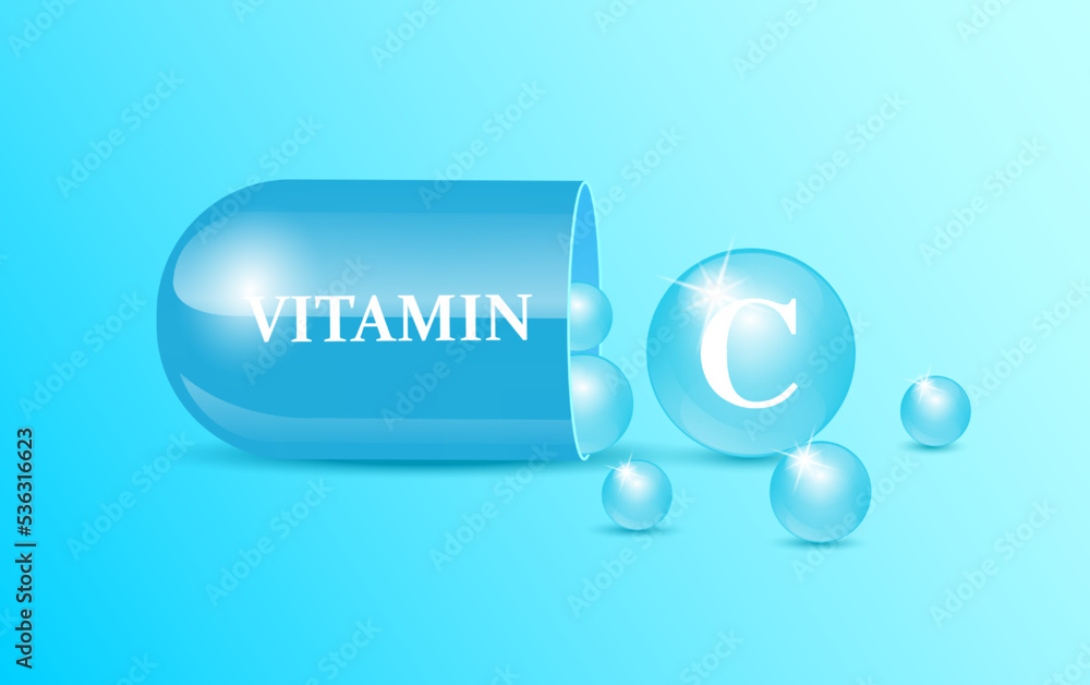 Capsule vitamin C structure blue and white with circular bubbles flowing out blue background. Beauty concept. Personal care. 3D Vector Illustration. transparent capsule pill. Drug business concept. Capsule vitamin C structure blue and white with circular bubbles flowing out blue background. Beauty concept. Personal care. 3D Vector Illustration. transparent capsule pill. Drug business concept.