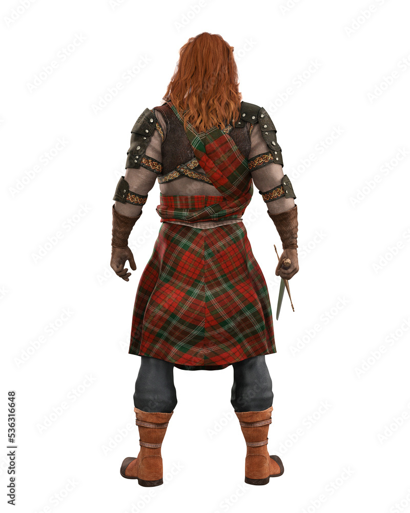 Rear view of muscular highland warrior man with red hair facing away. 3D illustration isolated. Rear view of muscular highland warrior man with red hair facing away. 3D illustration isolated.