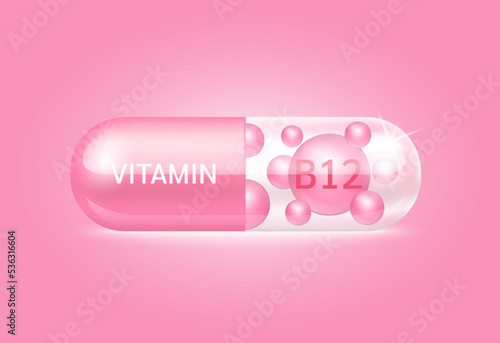 Capsule vitamin B12 structure pink and white It's transparent and vitamin pill is on inside. Beauty concept. Personal care. 3D Vector Illustration. transparent capsule pill. Drug business concept.