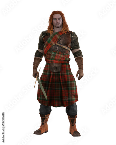 Strong muscular highland warrior with red hair, wearing a kilt and holding a large sword. 3D illustration isolated.