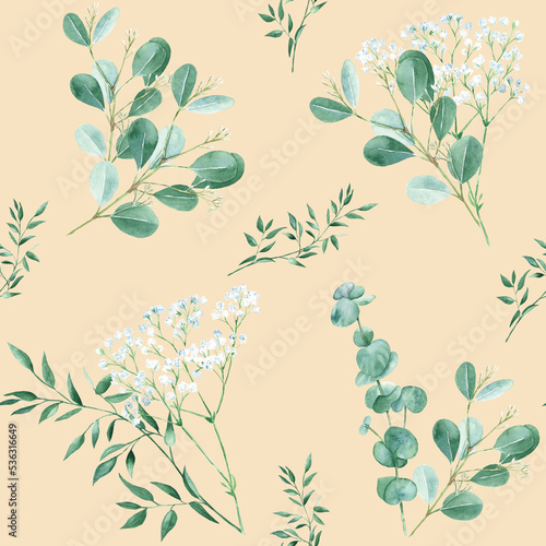 Seamless pattern with eucalyptus, gypsophila and pistachio branches on beige background. Watercolor illustration. Can be used for wallpaper, gift wrapping paper, fabric prints.