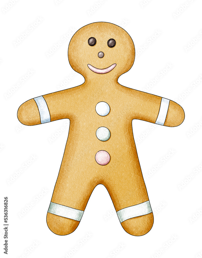 Digital illustration of a Christmas cookie in the shape of a gingerbread Man with white icing and sweet beads. Stylized decorative symbol of Christmas. Hand-drawn clipart in a watercolor style Digital illustration of a Christmas cookie in the shape of a gingerbread Man with white icing and sweet beads. Stylized decorative symbol of Christmas. Hand-drawn clipart in a watercolor style