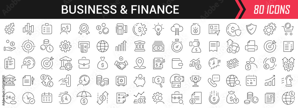 Business and finance linear icons in black. Big UI icons collection in a flat design. Thin outline signs pack. Big set of icons for design Business and finance linear icons in black. Big UI icons collection in a flat design. Thin outline signs pack. Big set of icons for design