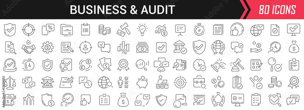 Business and audit linear icons in black. Big UI icons collection in a flat design. Thin outline signs pack. Big set of icons for design