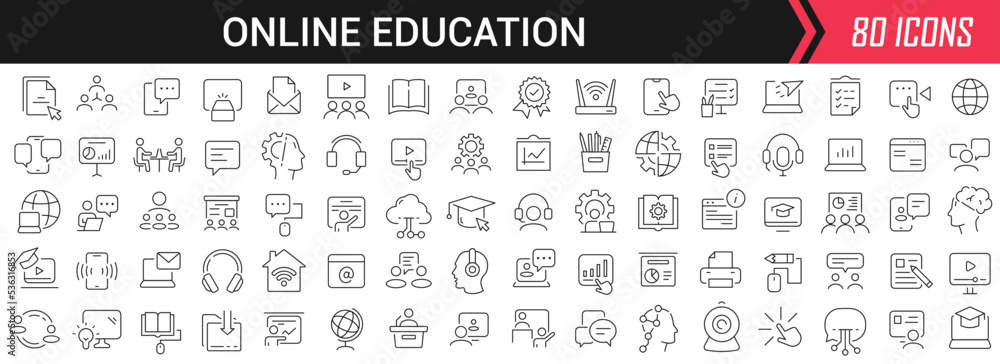 Online education linear icons in black. Big UI icons collection in a flat design. Thin outline signs pack. Big set of icons for design Online education linear icons in black. Big UI icons collection in a flat design. Thin outline signs pack. Big set of icons for design