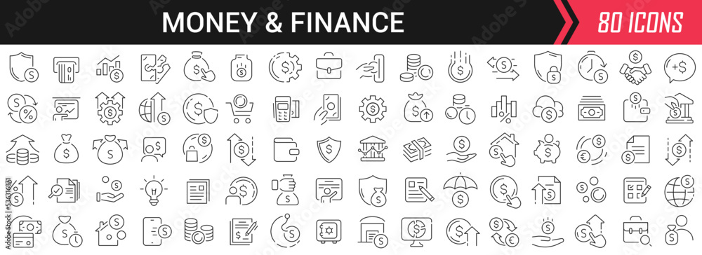 Money and finance linear icons in black. Big UI icons collection in a ...