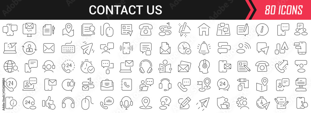 Contact us linear icons in black. Big UI icons collection in a flat design. Thin outline signs pack. Big set of icons for design