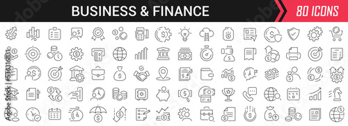 Business and finance linear icons in black. Big UI icons collection in a flat design. Thin outline signs pack. Big set of icons for design