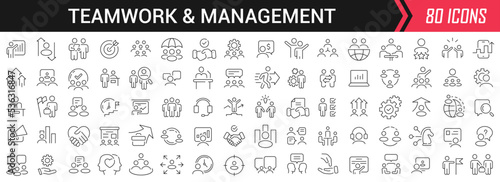 Teamwork and management linear icons in black. Big UI icons collection in a flat design. Thin outline signs pack. Big set of icons for design