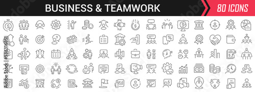 Business and teamwork linear icons in black. Big UI icons collection in a flat design. Thin outline signs pack. Big set of icons for design