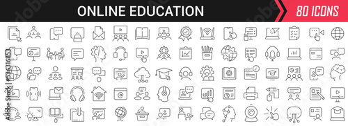 Online education linear icons in black. Big UI icons collection in a flat design. Thin outline signs pack. Big set of icons for design