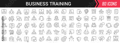 Business training linear icons in black. Big UI icons collection in a flat design. Thin outline signs pack. Big set of icons for design