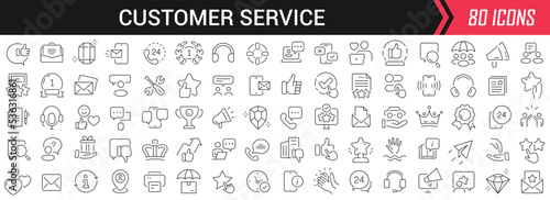 Customer service linear icons in black. Big UI icons collection in a flat design. Thin outline signs pack. Big set of icons for design