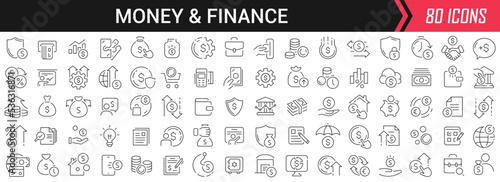 Money and finance linear icons in black. Big UI icons collection in a flat design. Thin outline signs pack. Big set of icons for design